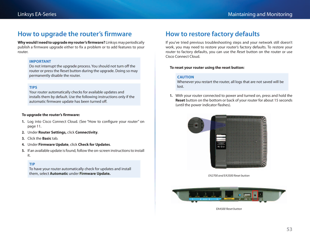 Cisco Systems EA3500 manual How to upgrade the router’s firmware, How to restore factory defaults 