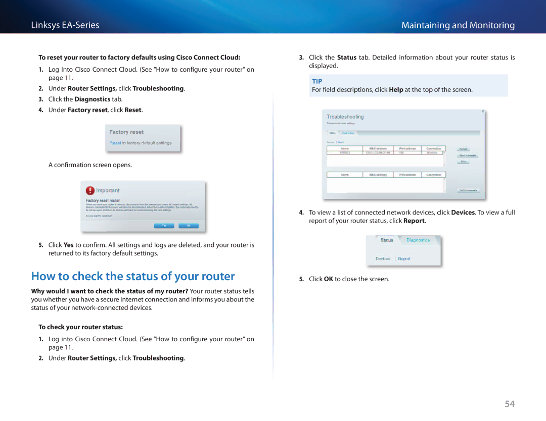 Cisco Systems EA3500 manual How to check the status of your router, Under Factory reset, click Reset 