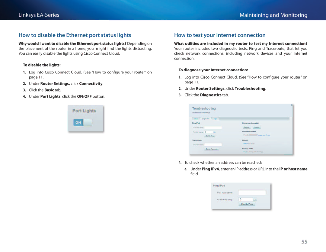 Cisco Systems EA3500 manual How to disable the Ethernet port status lights, How to test your Internet connection 