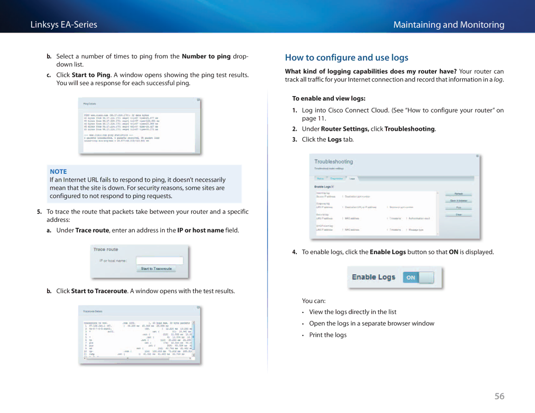 Cisco Systems EA3500 manual How to configure and use logs, To enable and view logs 