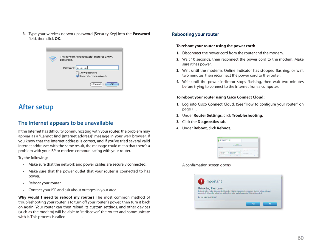 Cisco Systems EA3500 manual After setup, Internet appears to be unavailable, Rebooting your router 