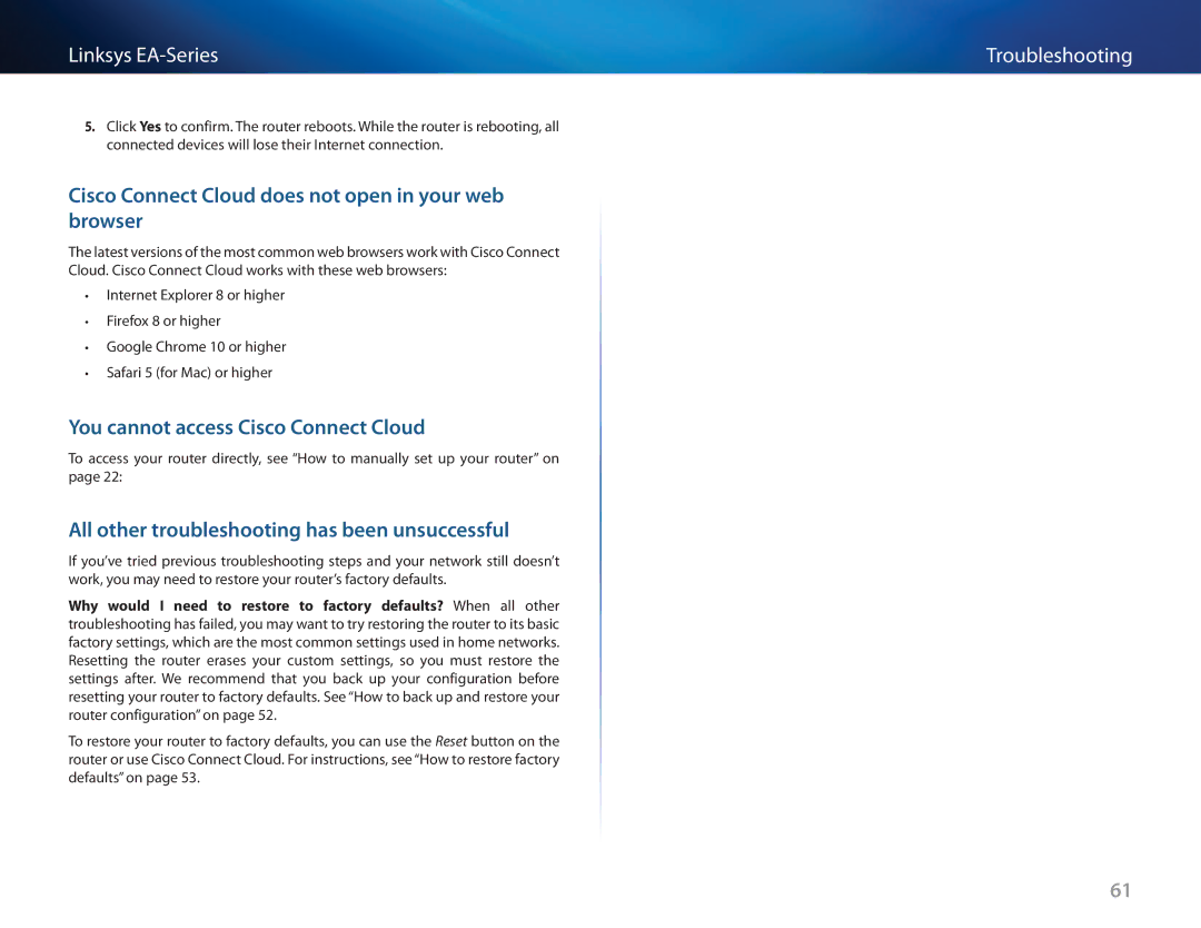 Cisco Systems EA3500 manual Cisco Connect Cloud does not open in your web browser, You cannot access Cisco Connect Cloud 