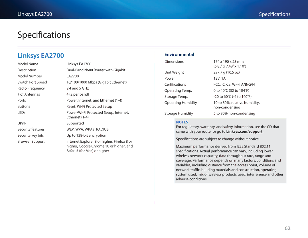 Cisco Systems EA3500 manual Specifications, Linksys EA2700, Environmental 