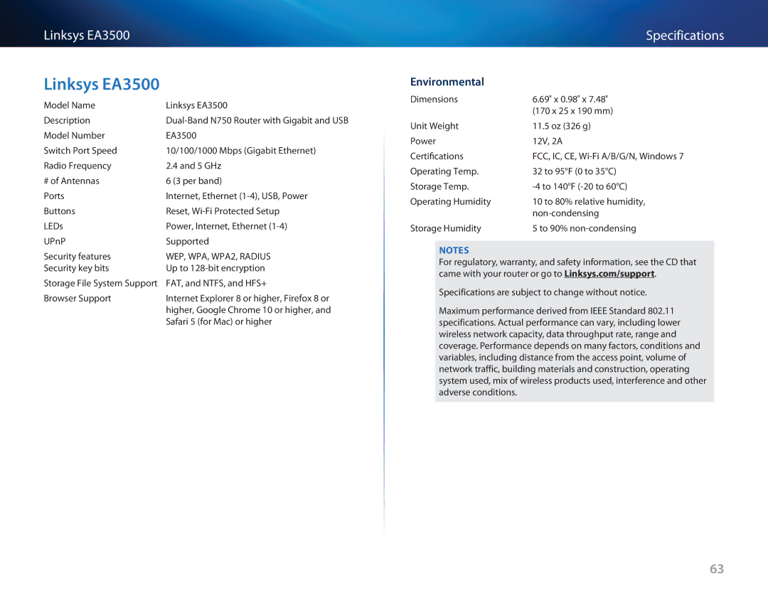 Cisco Systems manual Linksys EA3500, Specifications 