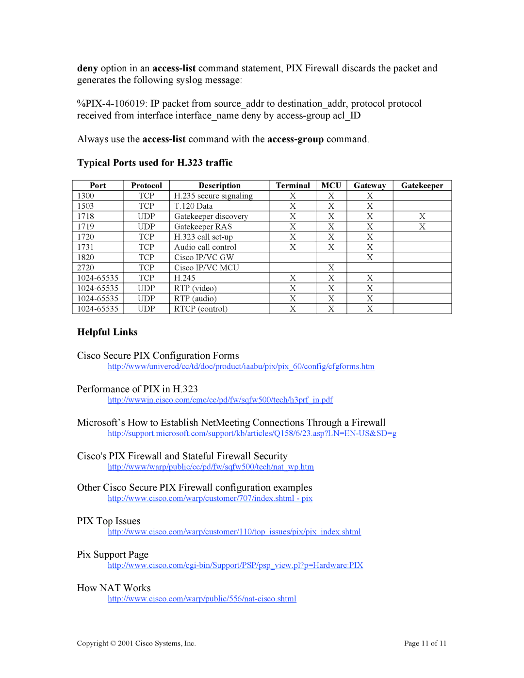 Cisco Systems EDCS-154011 manual Typical Ports used for H.323 traffic, Helpful Links 