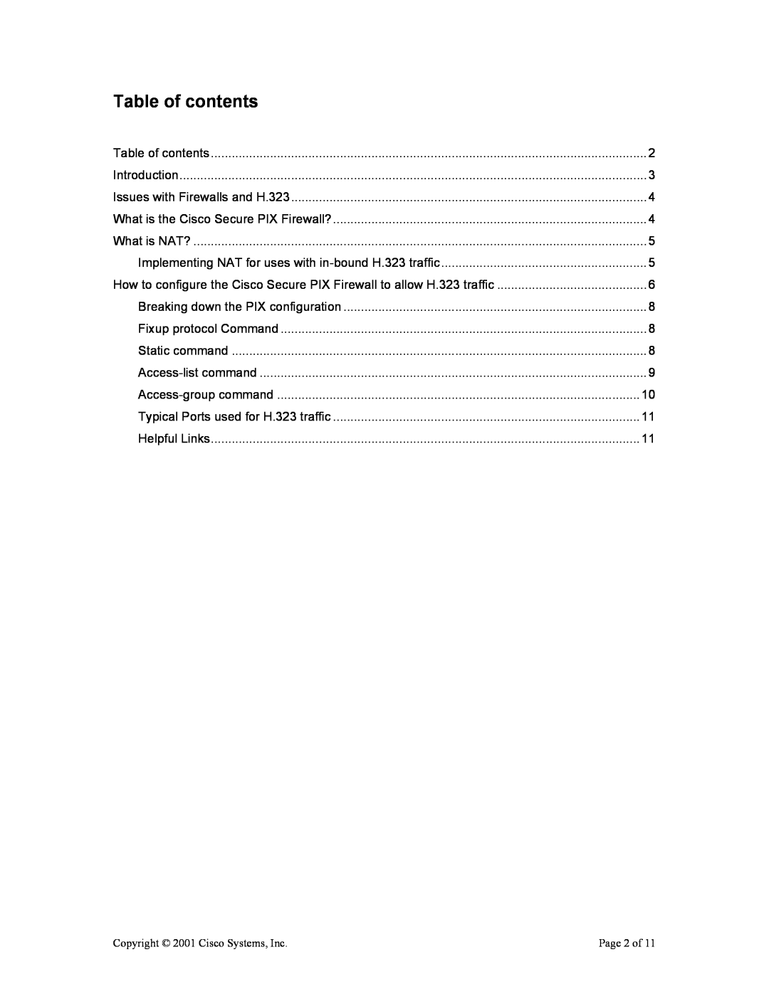 Cisco Systems EDCS-154011 manual Table of contents, Implementing NAT for uses with in-bound H.323 traffic 