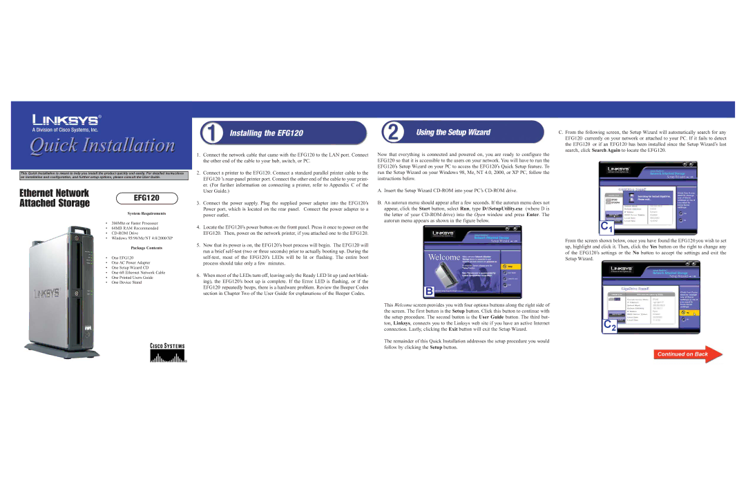Cisco Systems appendix Ethernet Network, Attached Storage, Installing the EFG120, Using the Setup Wizard, On Back 