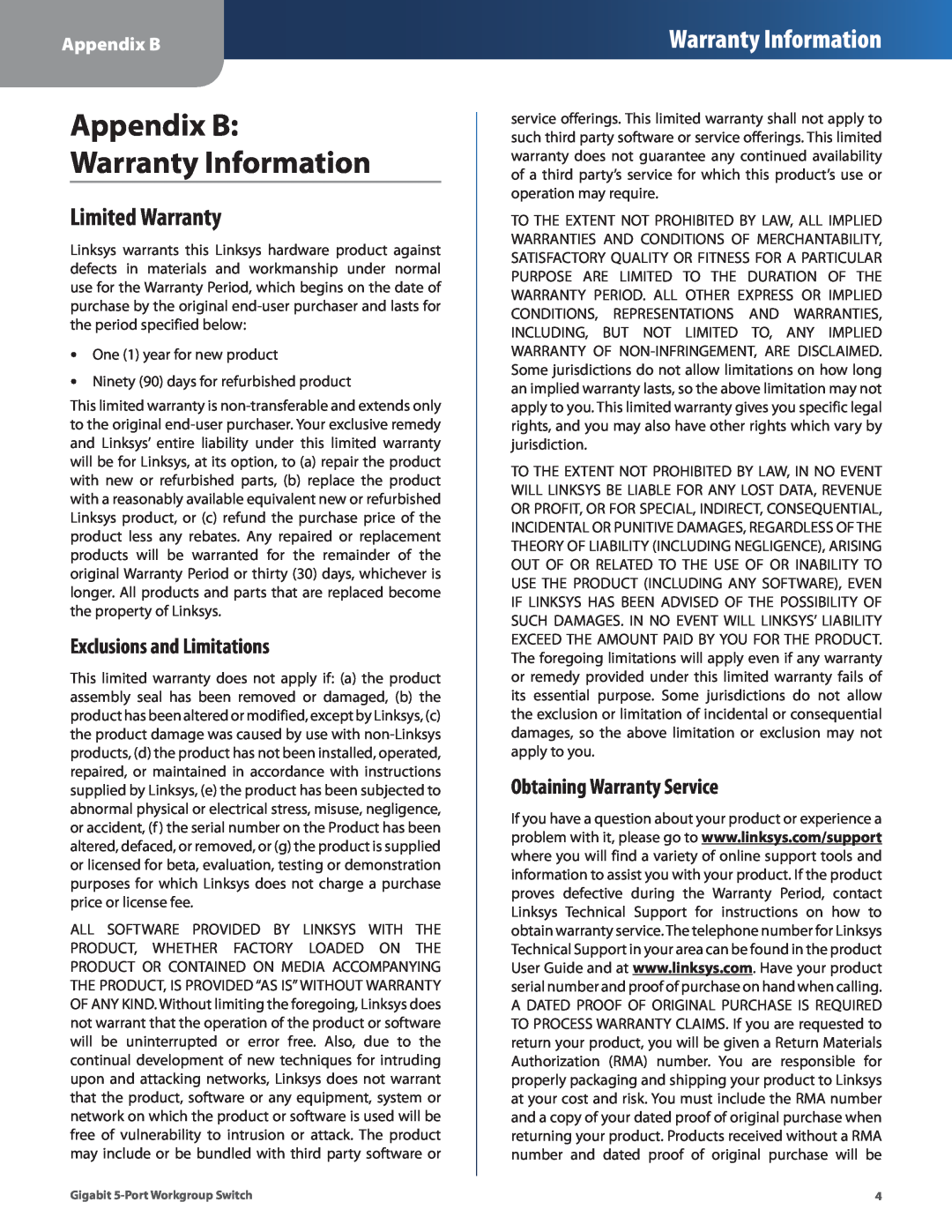 Cisco Systems EG005W manual Appendix B Warranty Information, Limited Warranty, Exclusions and Limitations 