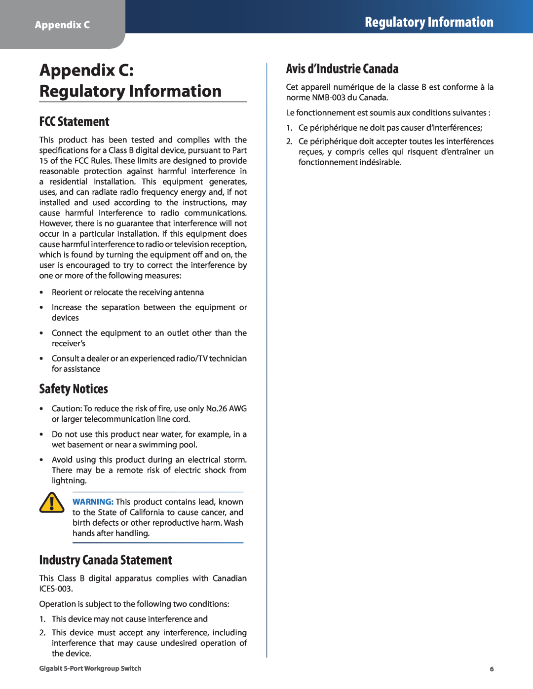 Cisco Systems EG005W manual Appendix C Regulatory Information, FCC Statement, Safety Notices, Industry Canada Statement 