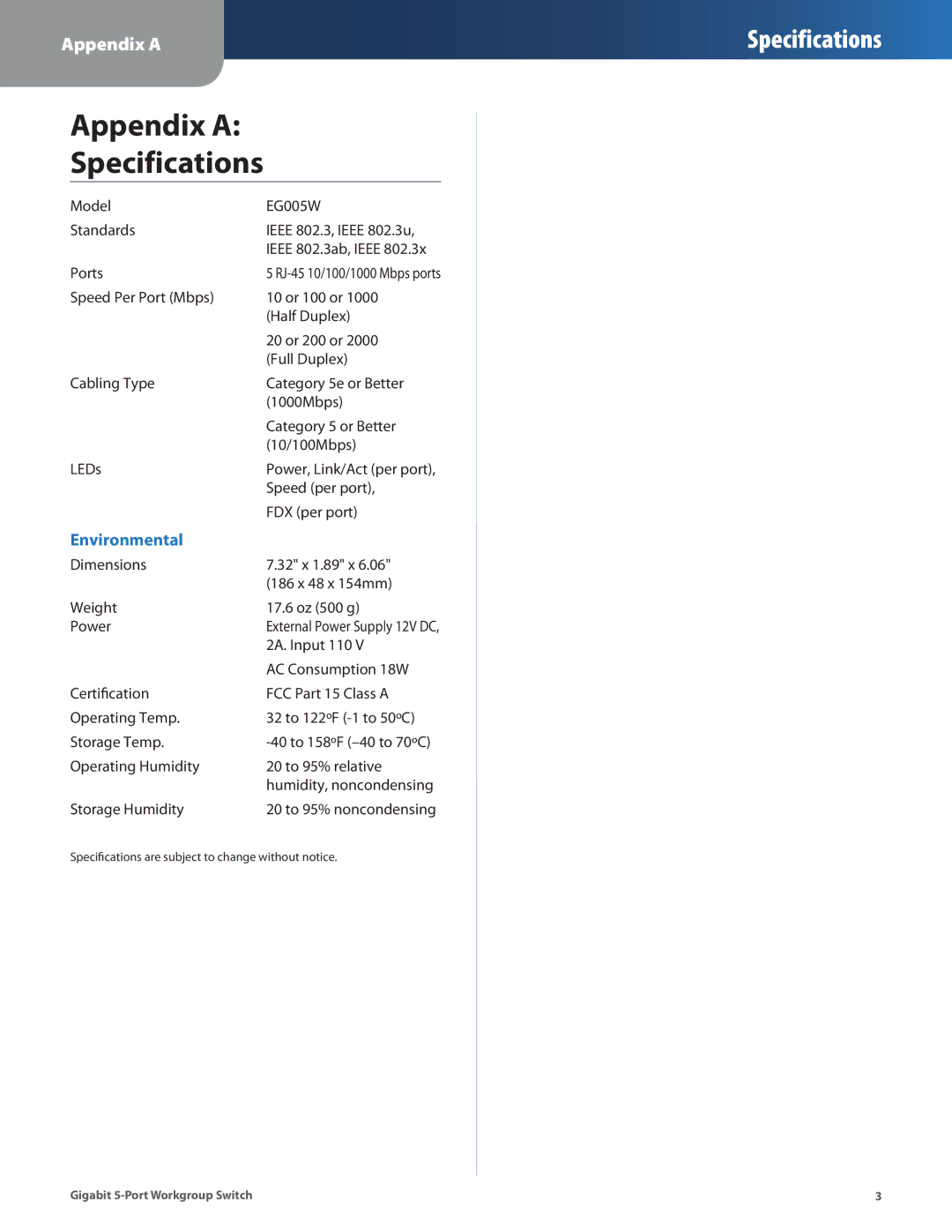 Cisco Systems EG005W manual Appendix a Specifications 