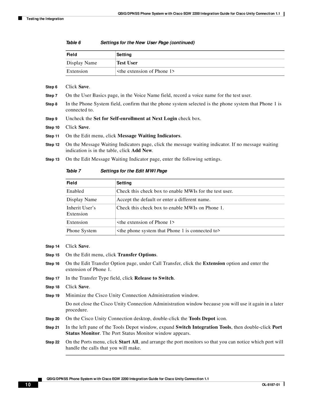 Cisco Systems EGW 2200 manual Test User, Uncheck the Set for Self-enrollment at Next Login check box 