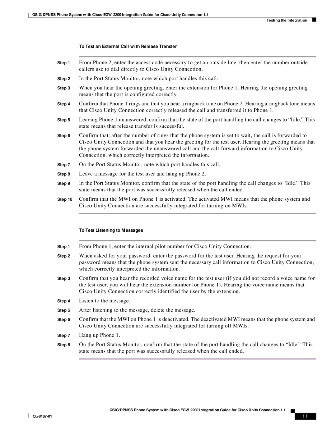 Cisco Systems EGW 2200 manual To Test an External Call with Release Transfer, To Test Listening to Messages 