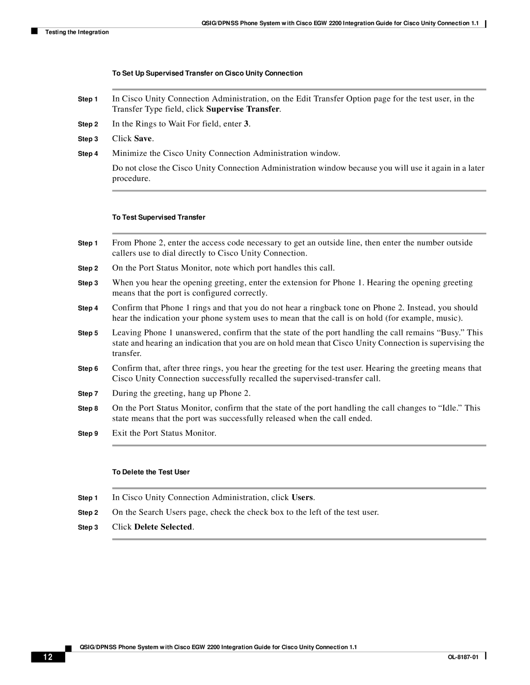 Cisco Systems EGW 2200 manual To Set Up Supervised Transfer on Cisco Unity Connection, To Test Supervised Transfer 