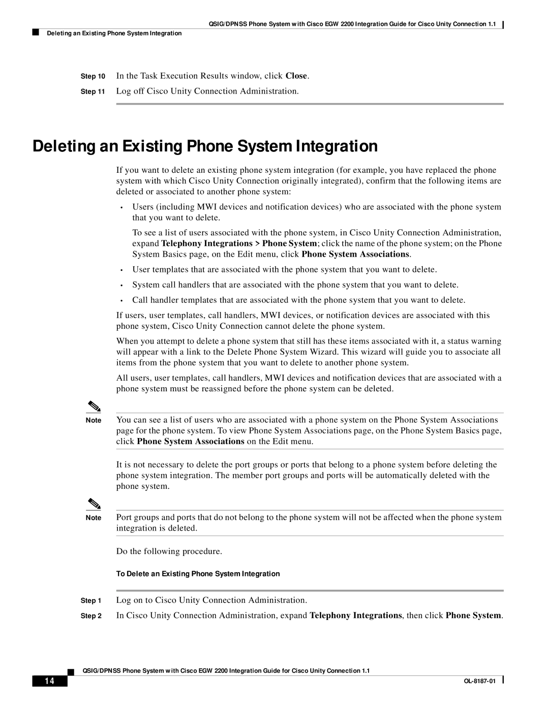 Cisco Systems EGW 2200 manual Deleting an Existing Phone System Integration, To Delete an Existing Phone System Integration 