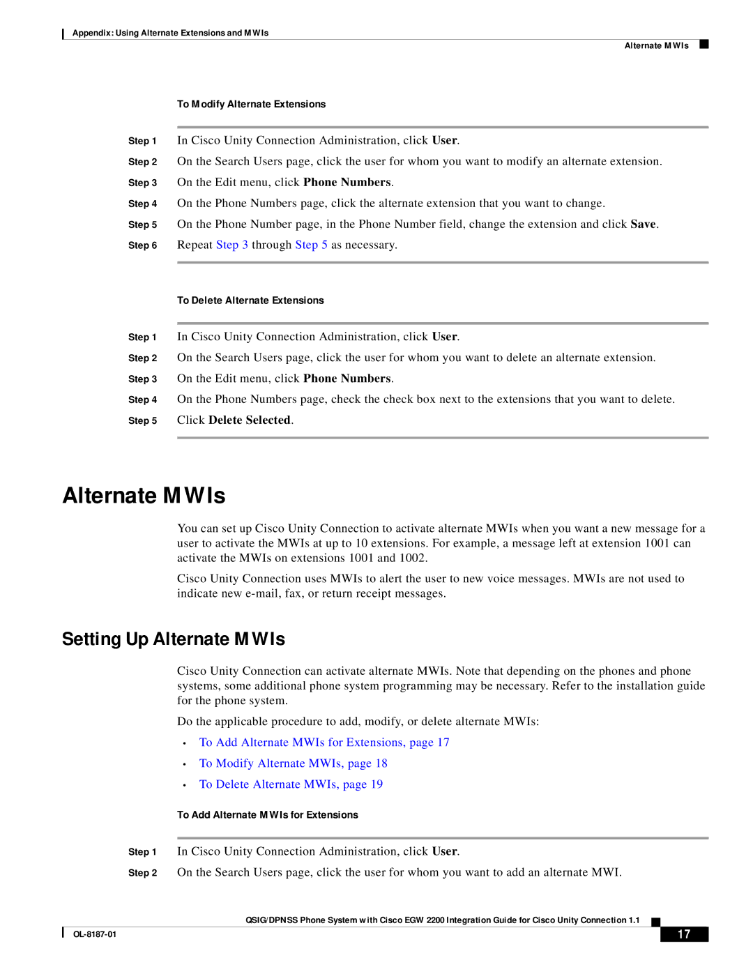 Cisco Systems EGW 2200 manual Setting Up Alternate MWIs, To Modify Alternate Extensions, To Delete Alternate Extensions 