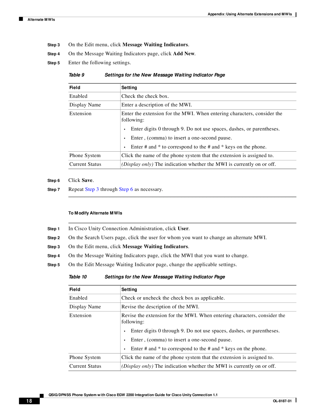 Cisco Systems EGW 2200 manual On the Edit menu, click Message Waiting Indicators, To Modify Alternate MWIs 