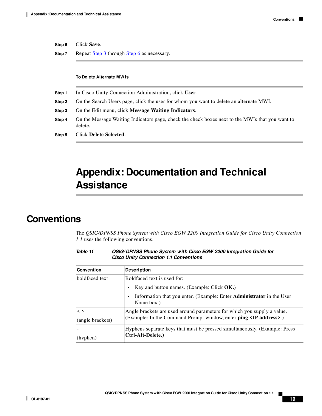 Cisco Systems EGW 2200 manual Conventions, To Delete Alternate MWIs, Convention Description, Ctrl-Alt-Delete 