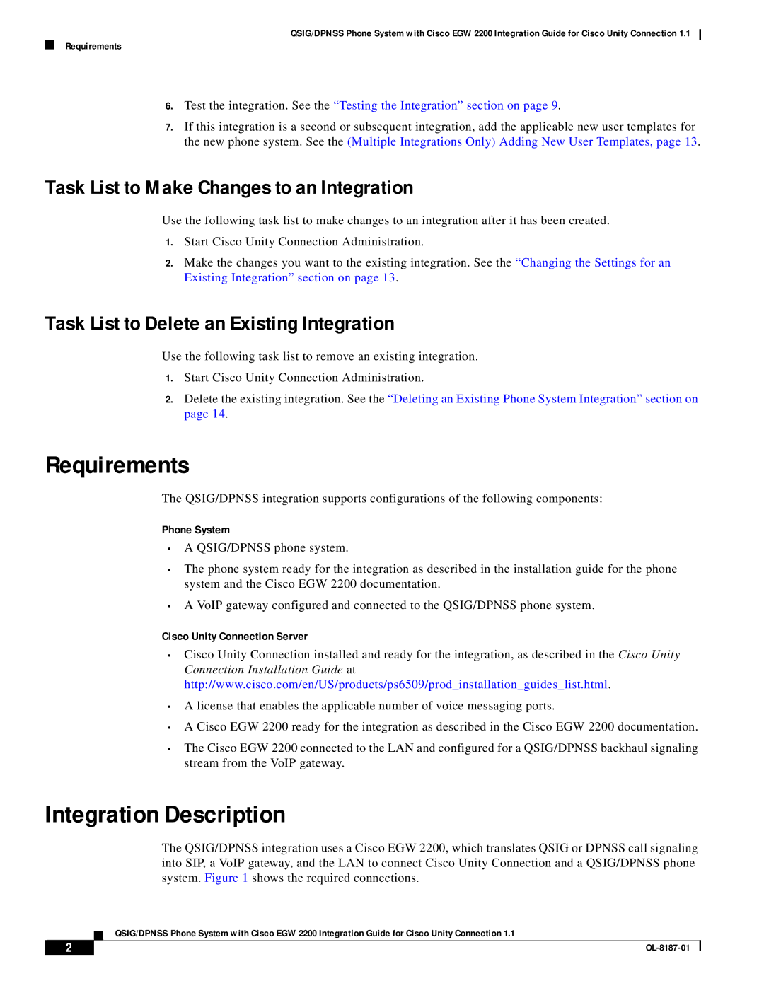 Cisco Systems EGW 2200 manual Requirements, Integration Description, Task List to Make Changes to an Integration 