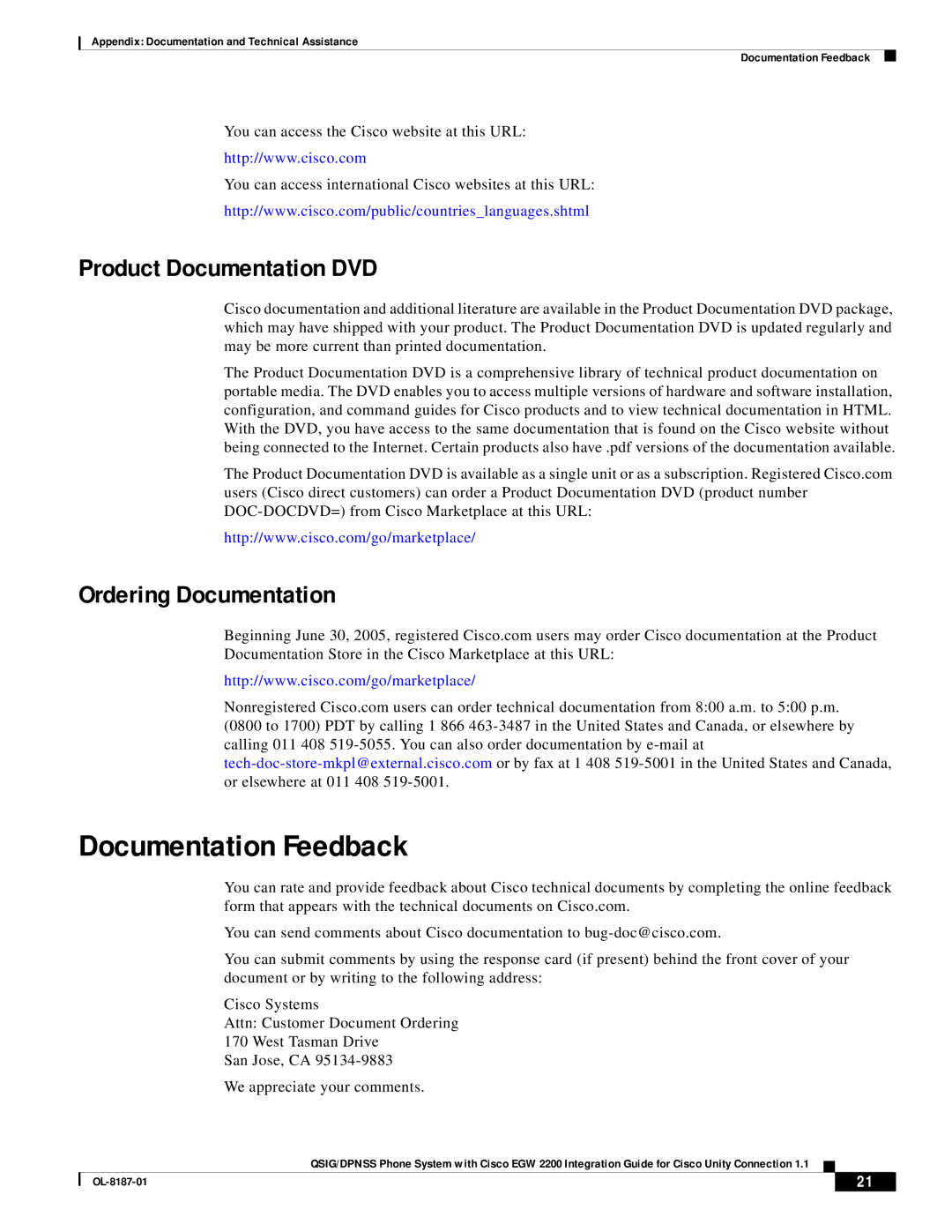 Cisco Systems EGW 2200 manual Documentation Feedback, Product Documentation DVD, Ordering Documentation 