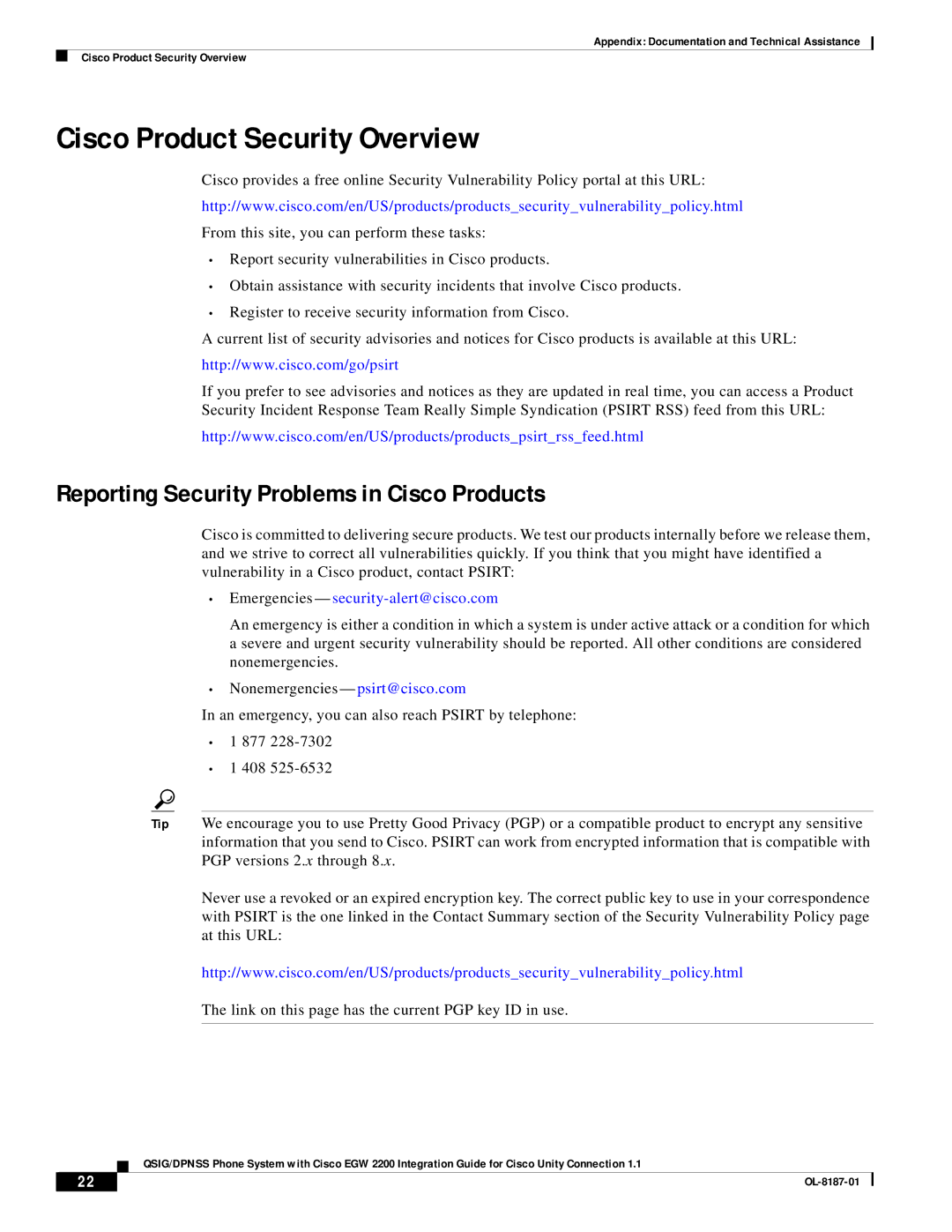 Cisco Systems EGW 2200 manual Cisco Product Security Overview, Reporting Security Problems in Cisco Products 