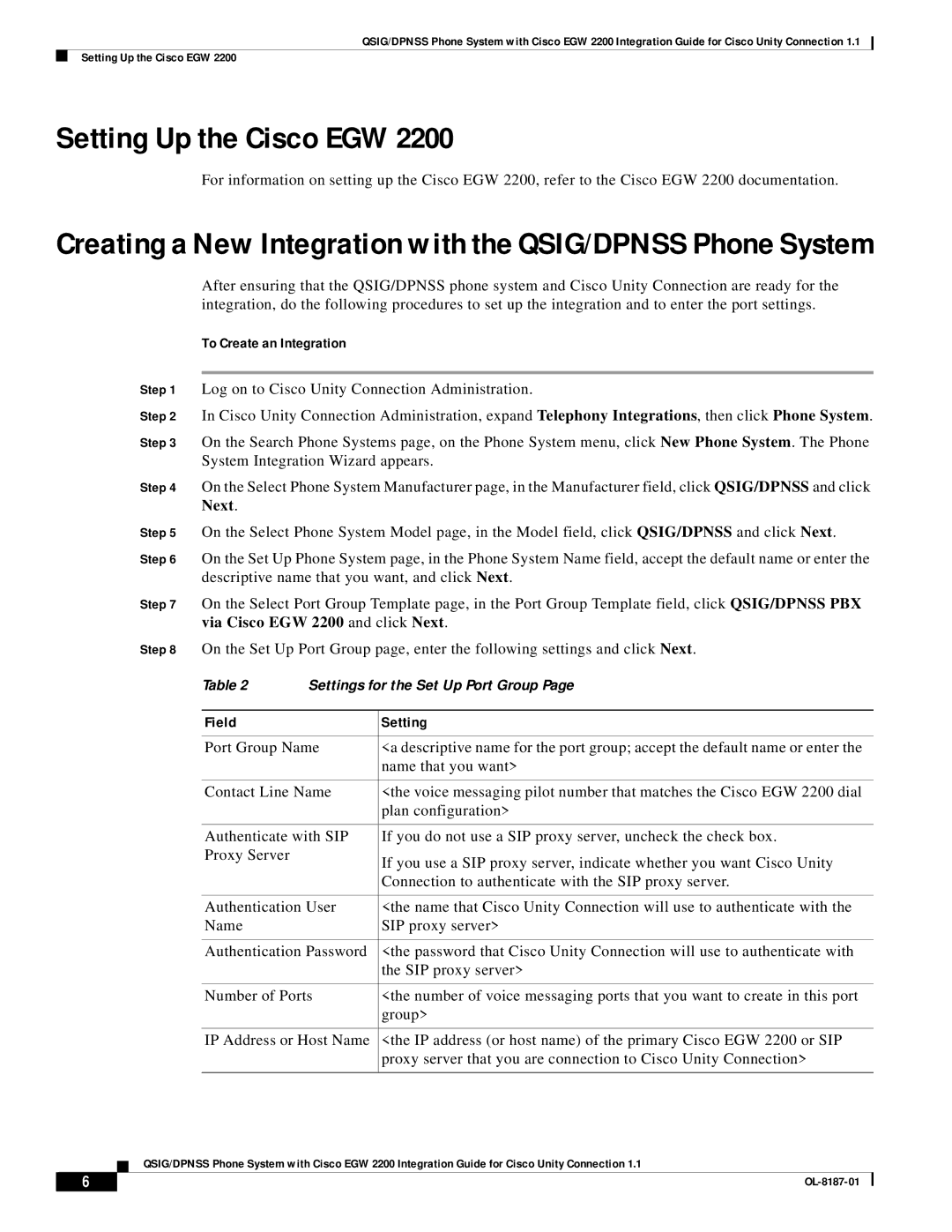 Cisco Systems EGW 2200 manual Setting Up the Cisco EGW, To Create an Integration, Field Setting 