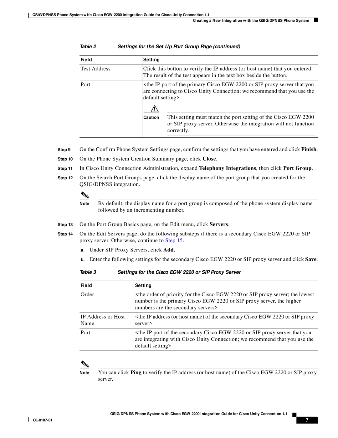 Cisco Systems EGW 2200 manual Settings for the Cisco EGW 2220 or SIP Proxy Server 