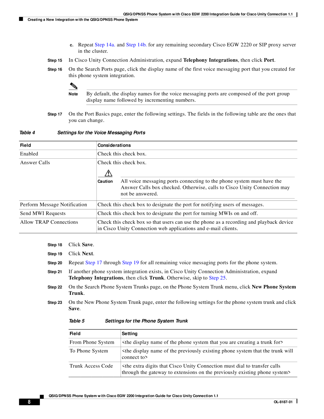 Cisco Systems EGW 2200 manual Settings for the Phone System Trunk 