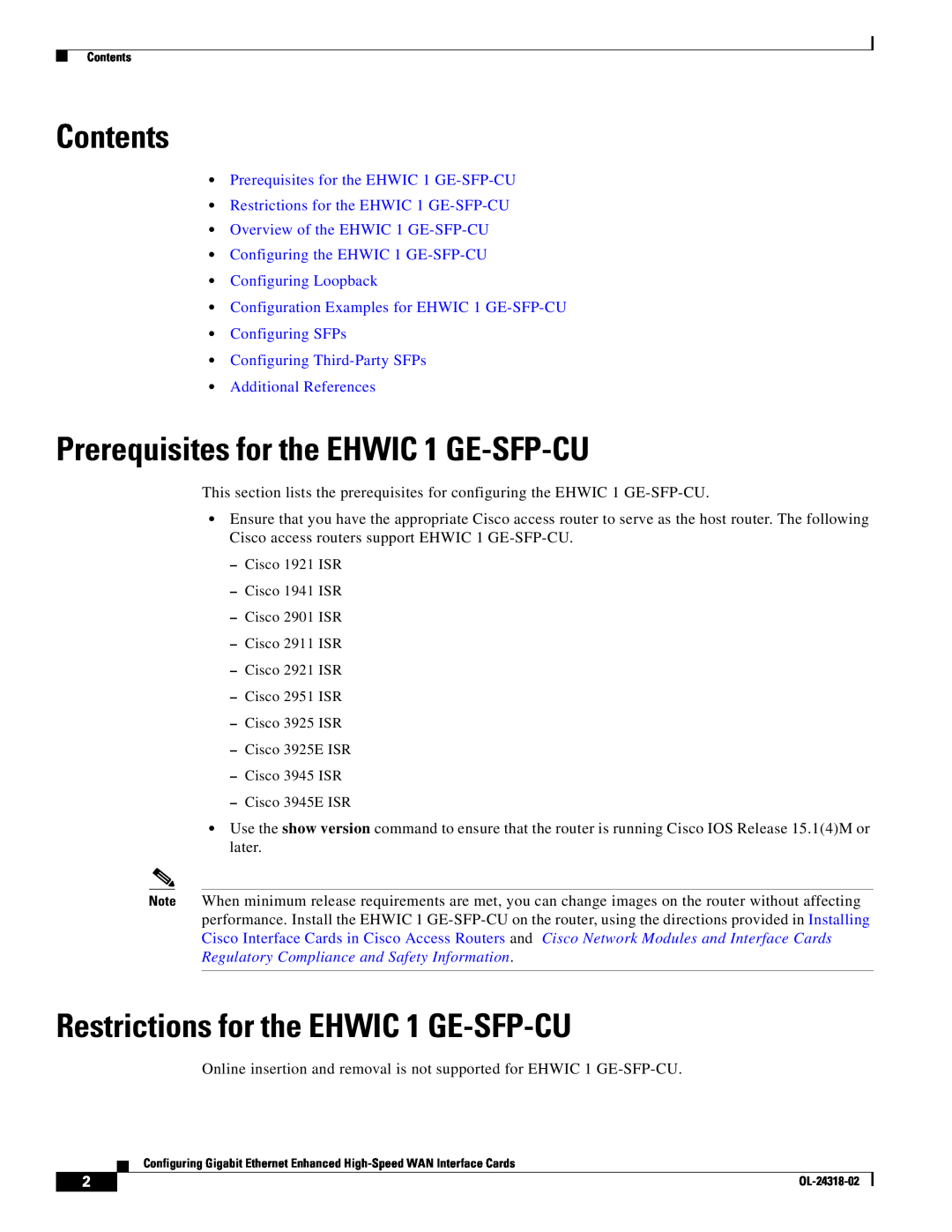 Cisco Systems EHWIC1GESFPCU Contents, Prerequisites for the EHWIC 1 GE-SFP-CU, Restrictions for the EHWIC 1 GE-SFP-CU 
