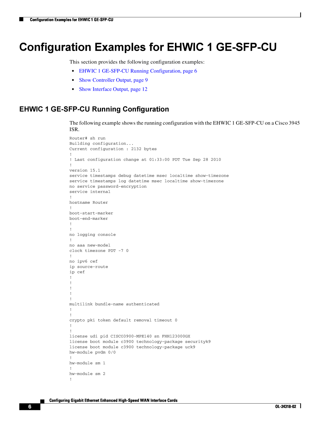 Cisco Systems EHWIC1GESFPCU manual Configuration Examples for EHWIC 1 GE-SFP-CU, EHWIC 1 GE-SFP-CU Running Configuration 
