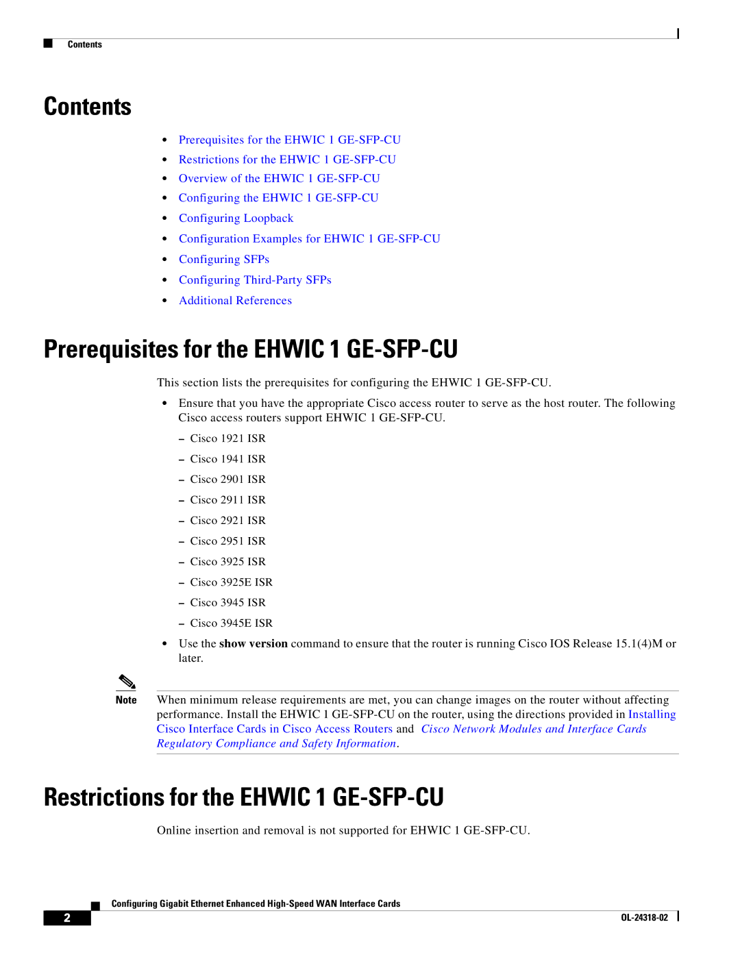 Cisco Systems EHWIC1GESFPCU Contents, Prerequisites for the Ehwic 1 GE-SFP-CU, Restrictions for the Ehwic 1 GE-SFP-CU 