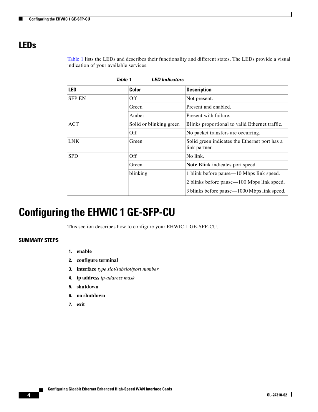 Cisco Systems EHWIC1GESFPCU manual Configuring the Ehwic 1 GE-SFP-CU, LEDs 