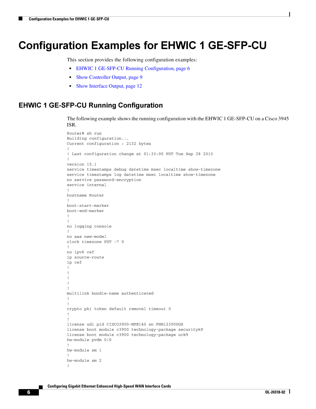 Cisco Systems EHWIC1GESFPCU manual Configuration Examples for Ehwic 1 GE-SFP-CU, Ehwic 1 GE-SFP-CU Running Configuration 