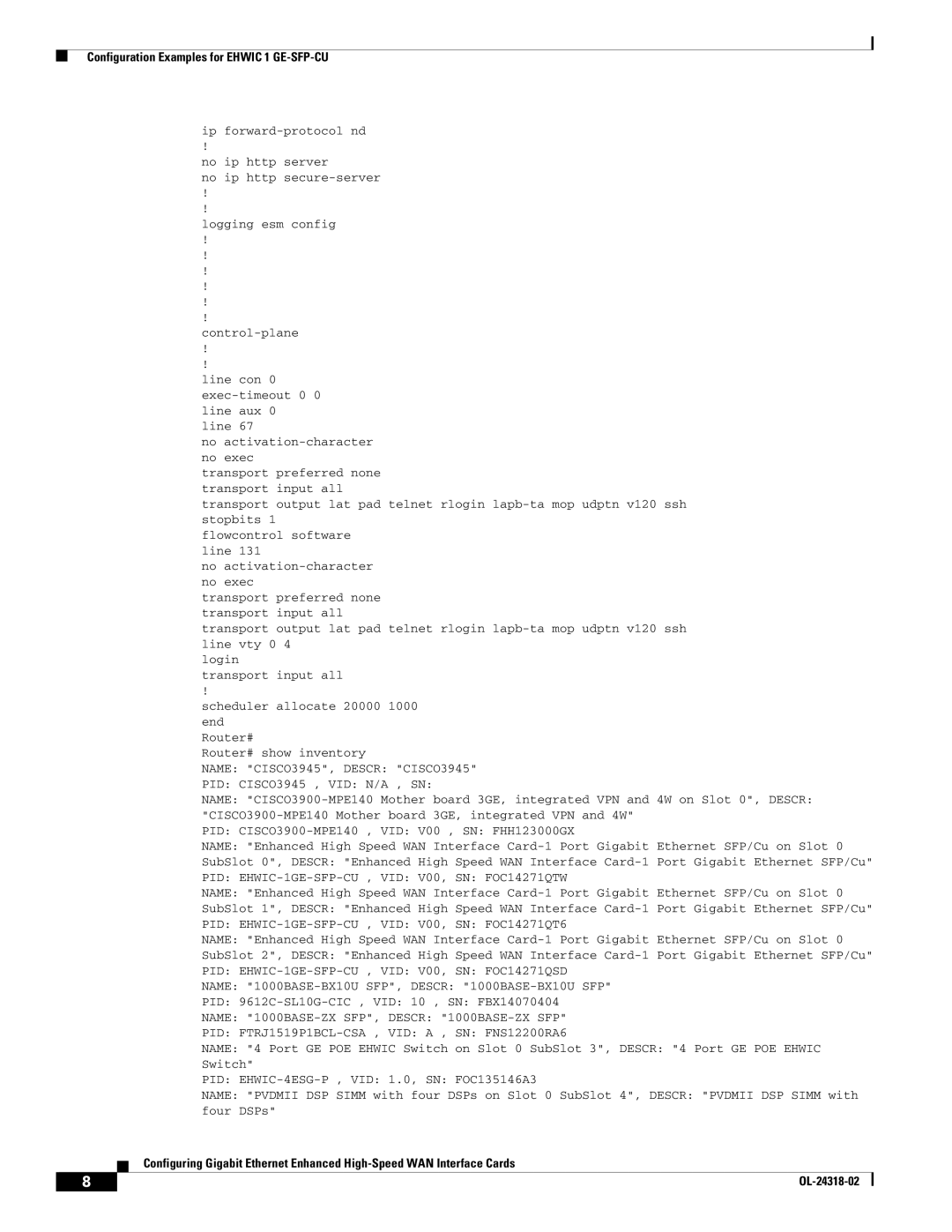 Cisco Systems EHWIC1GESFPCU manual PID EHWIC-1GE-SFP-CU , VID V00, SN FOC14271QSD 