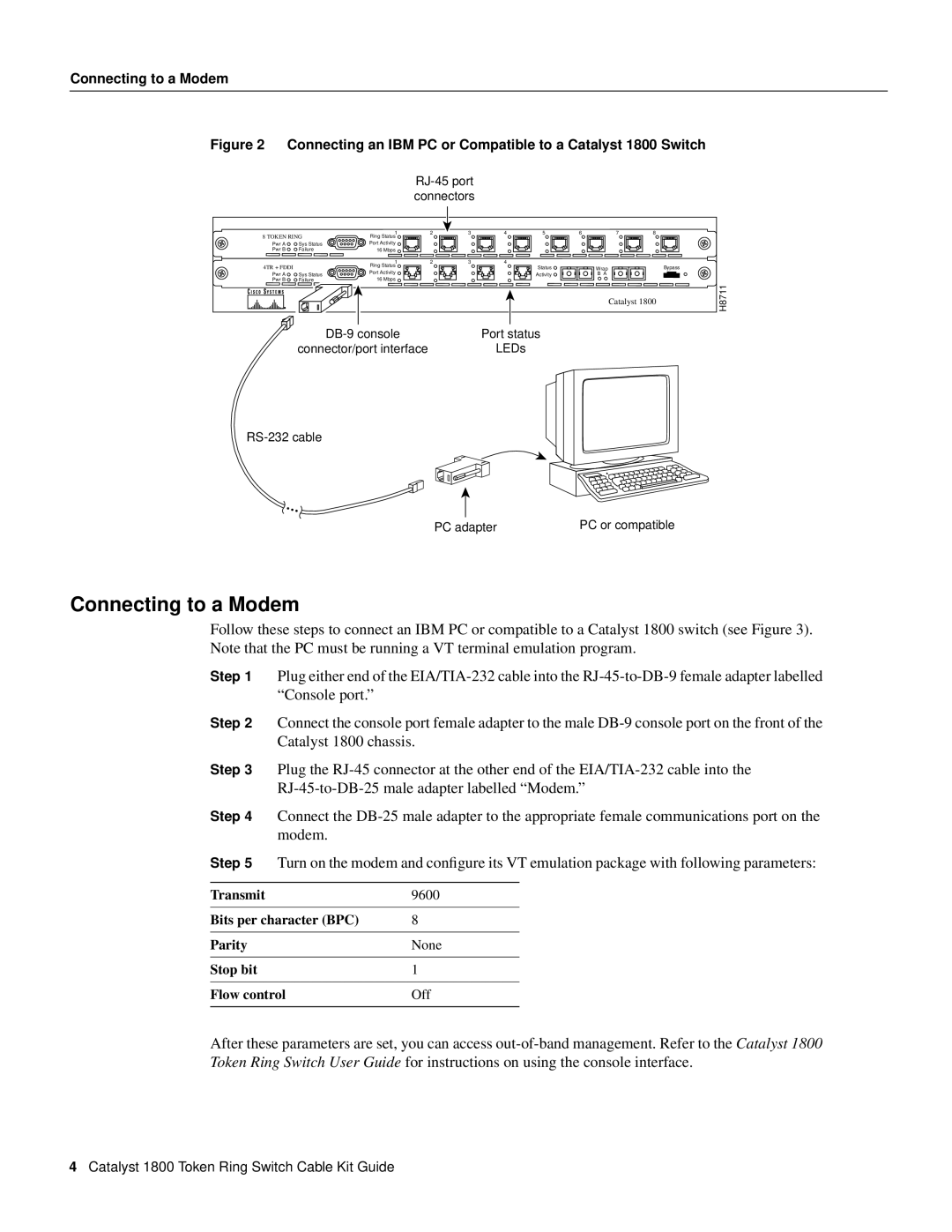 Cisco Systems EIA/TIA-232 manual Connecting to a Modem, Catalyst 1800 Token Ring Switch Cable Kit Guide 