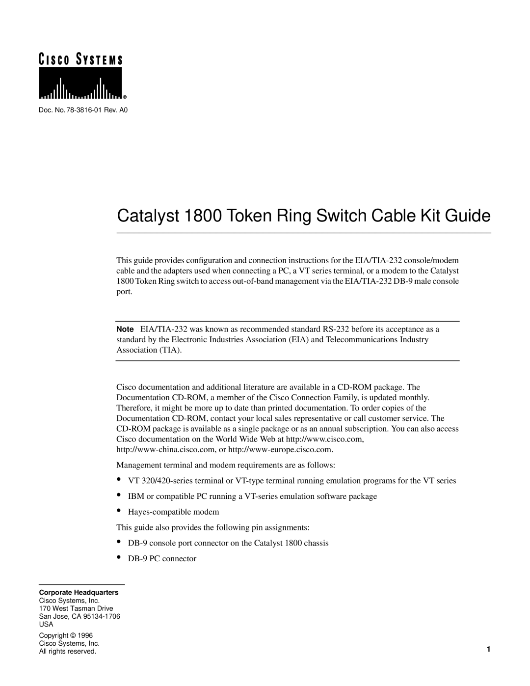 Cisco Systems EIA/TIA-232 manual Catalyst 1800 Token Ring Switch Cable Kit Guide, Usa 