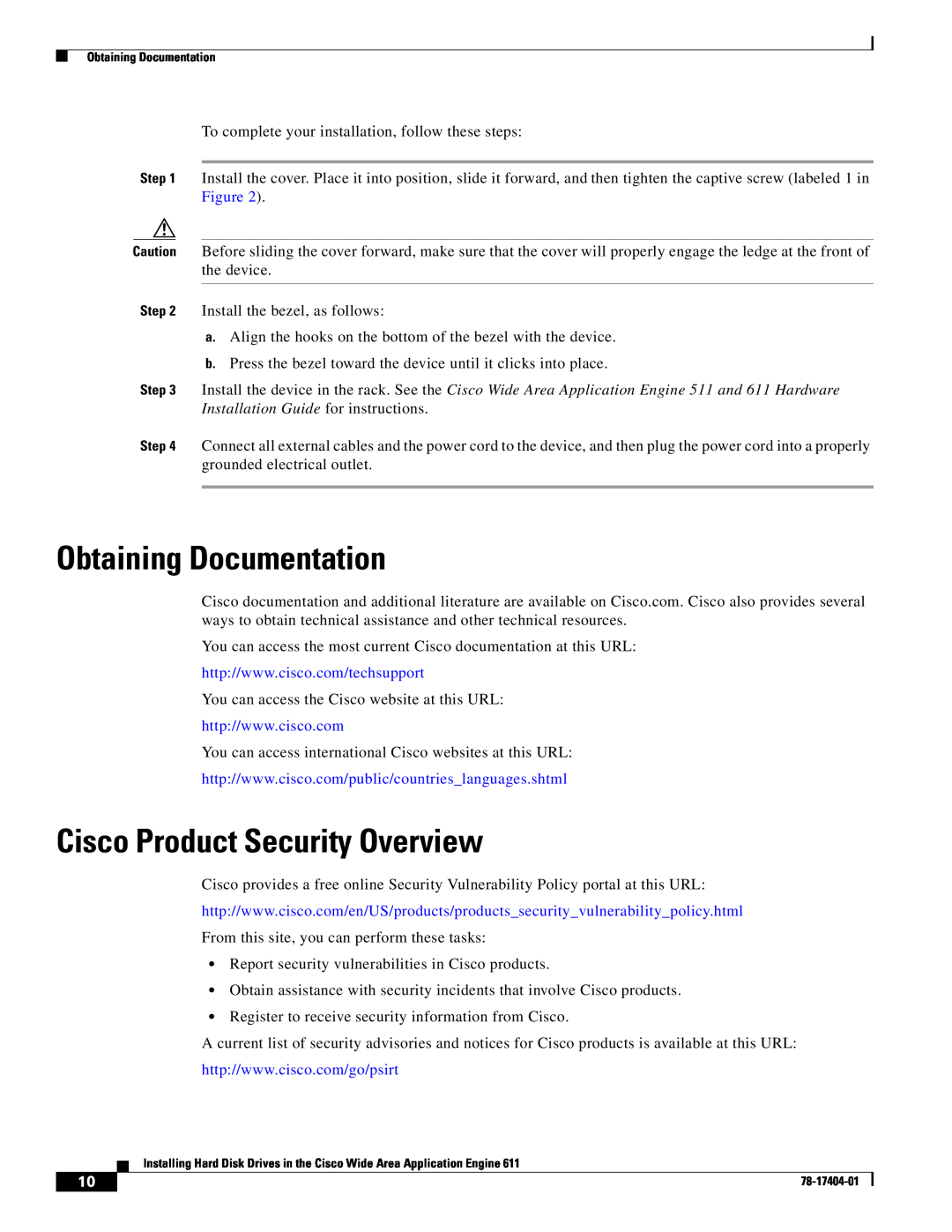Cisco Systems Engine 611 manual Obtaining Documentation, Cisco Product Security Overview 