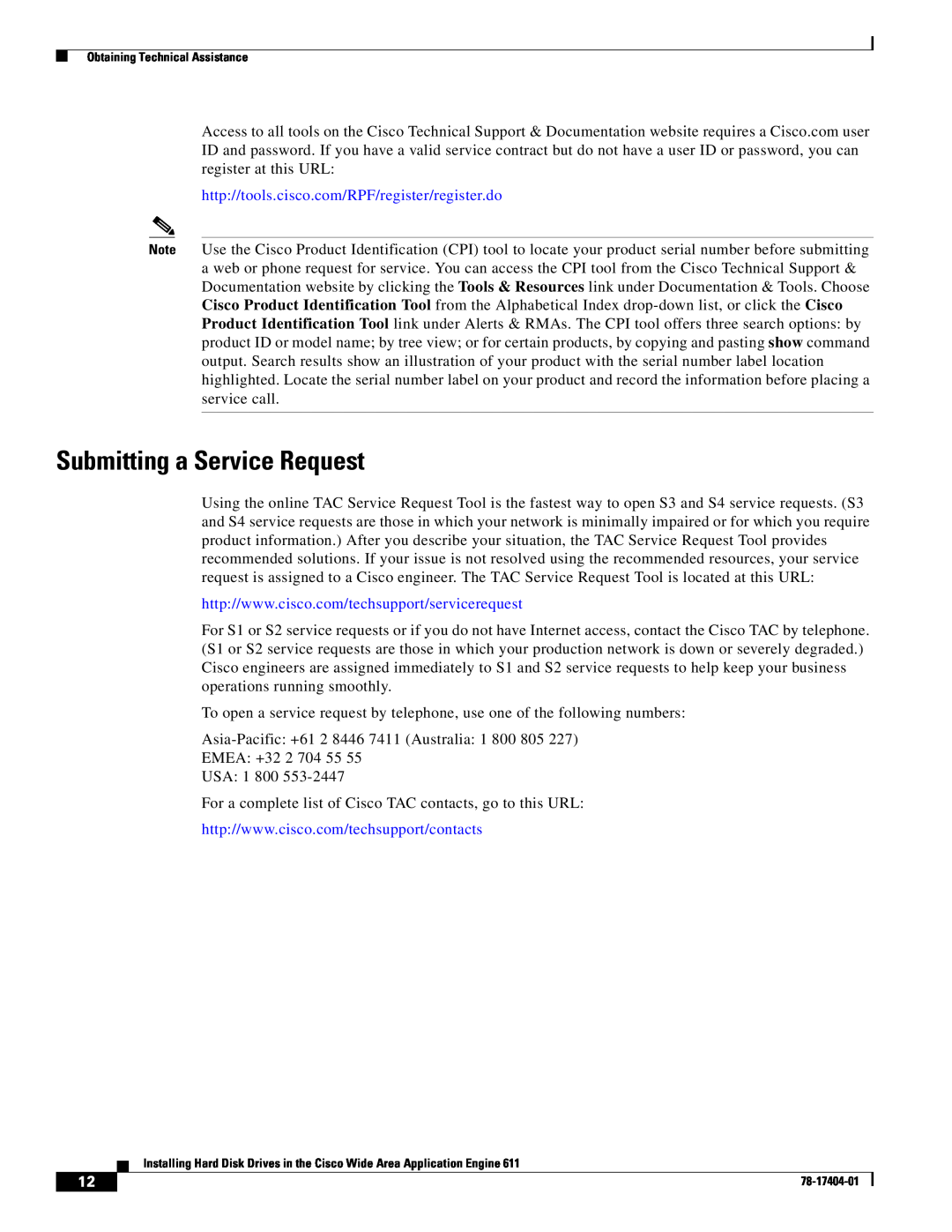 Cisco Systems Engine 611 manual Submitting a Service Request, http//tools.cisco.com/RPF/register/register.do 