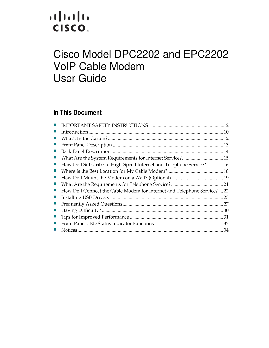 Cisco Systems important safety instructions Cisco Model DPC2202 and EPC2202 VoIP Cable Modem User Guide, This Document 