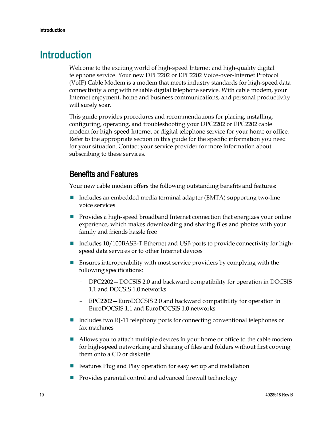 Cisco Systems DPC2202, EPC2202, 4025508 important safety instructions Introduction, Benefits and Features 