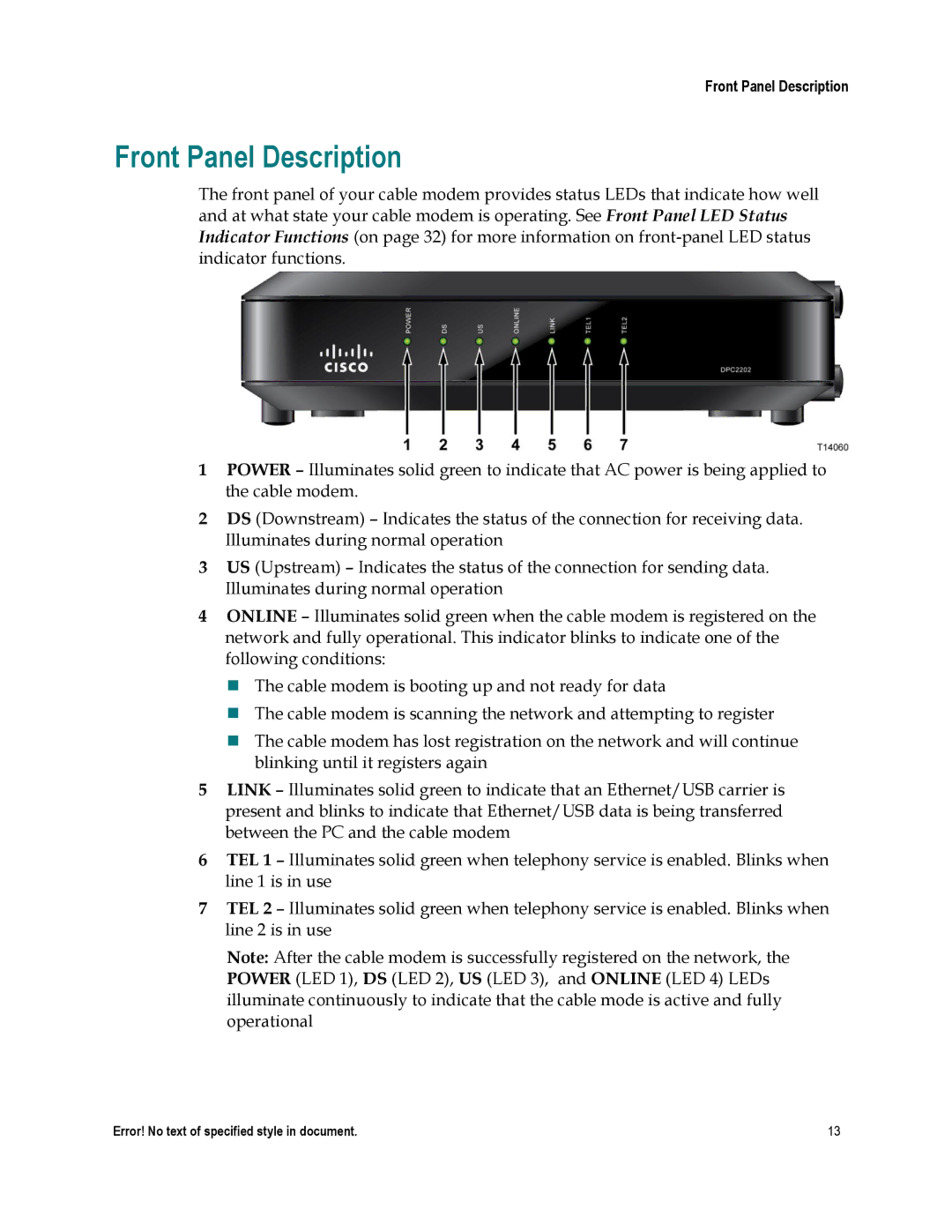 Cisco Systems DPC2202, EPC2202, 4025508 important safety instructions Front Panel Description 