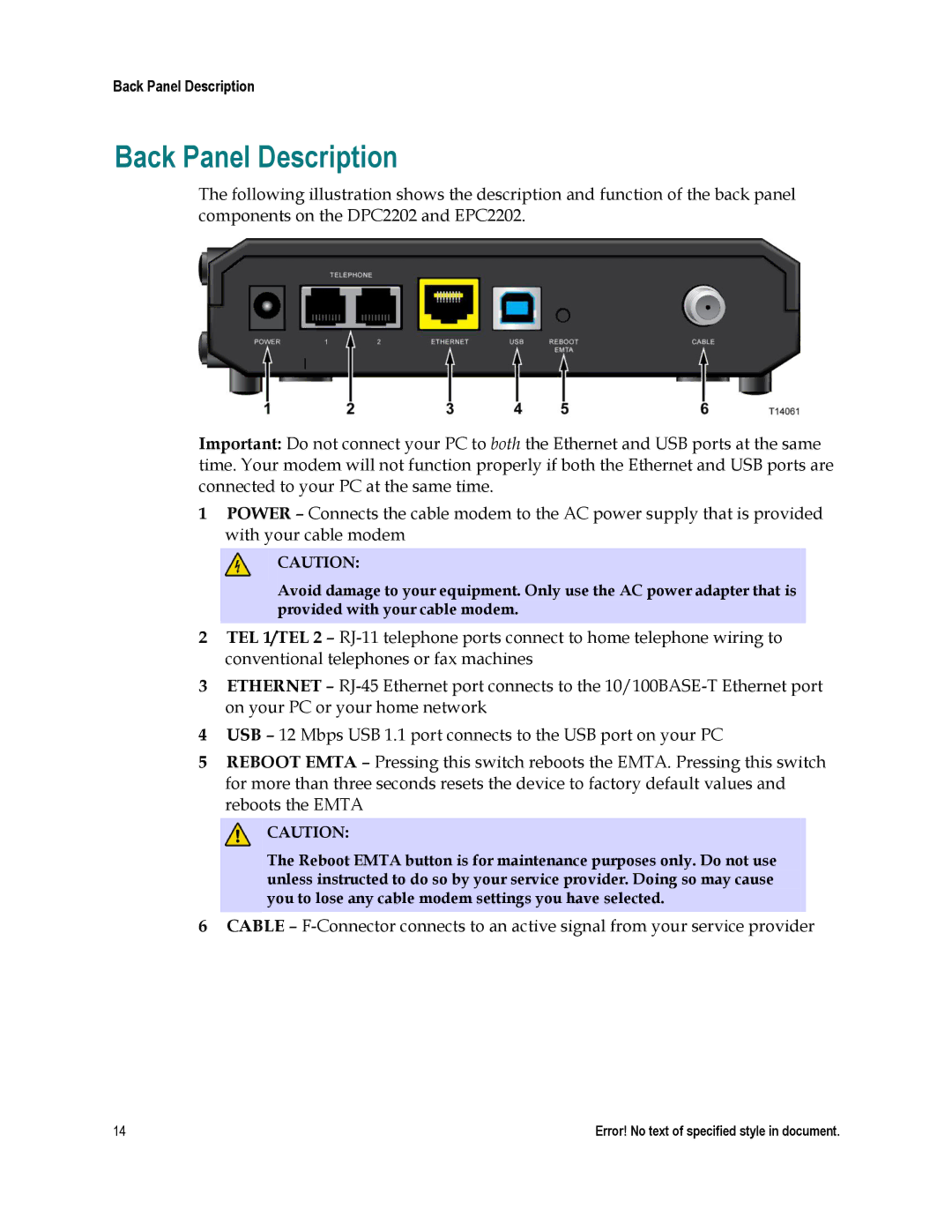 Cisco Systems 4025508, EPC2202, DPC2202 important safety instructions Back Panel Description 