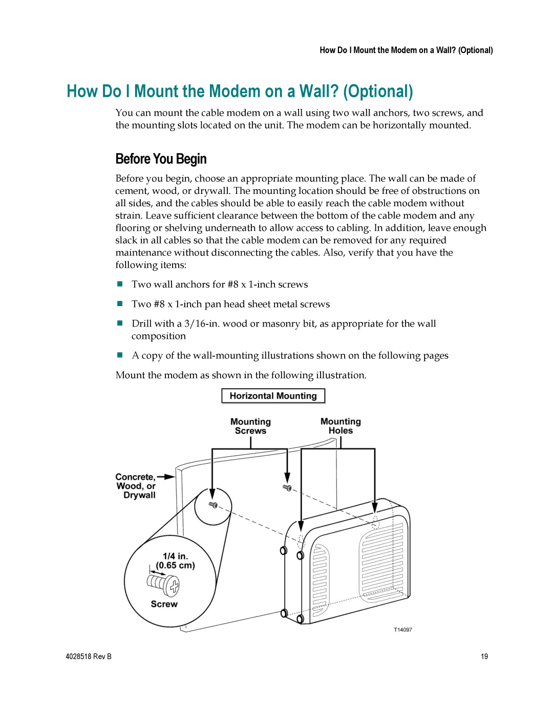 Cisco Systems DPC2202, EPC2202, 4025508 How Do I Mount the Modem on a Wall? Optional, Before You Begin 