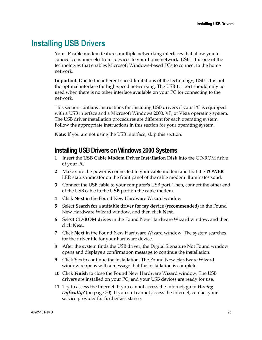 Cisco Systems DPC2202, EPC2202, 4025508 important safety instructions Installing USB Drivers on Windows 2000 Systems 