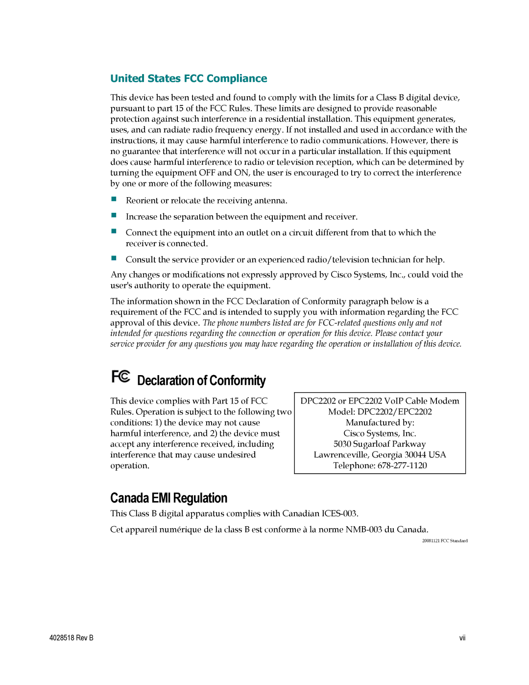 Cisco Systems DPC2202, EPC2202, 4025508 important safety instructions Declaration of Conformity, Canada EMI Regulation 