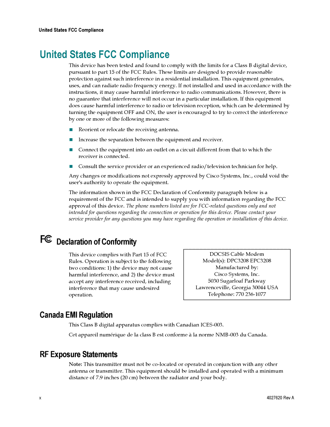 Cisco Systems EPC3208, DPC3208 manual United States FCC Compliance, Declaration of Conformity, Canada EMI Regulation 