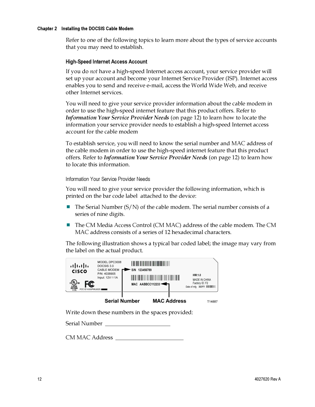 Cisco Systems EPC3208, DPC3208 manual High-Speed Internet Access Account 