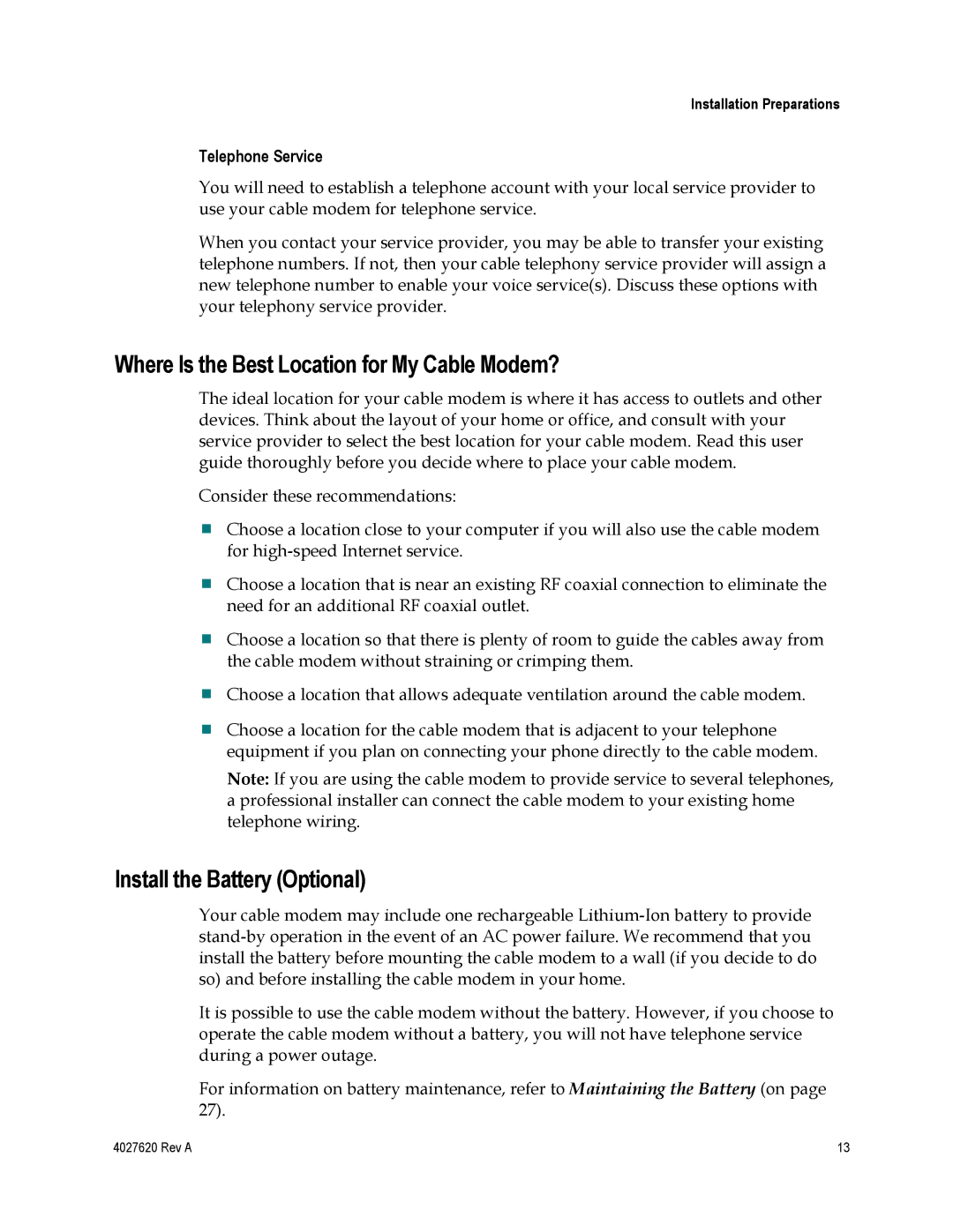 Cisco Systems DPC3208 Where Is the Best Location for My Cable Modem?, Install the Battery Optional, Telephone Service 