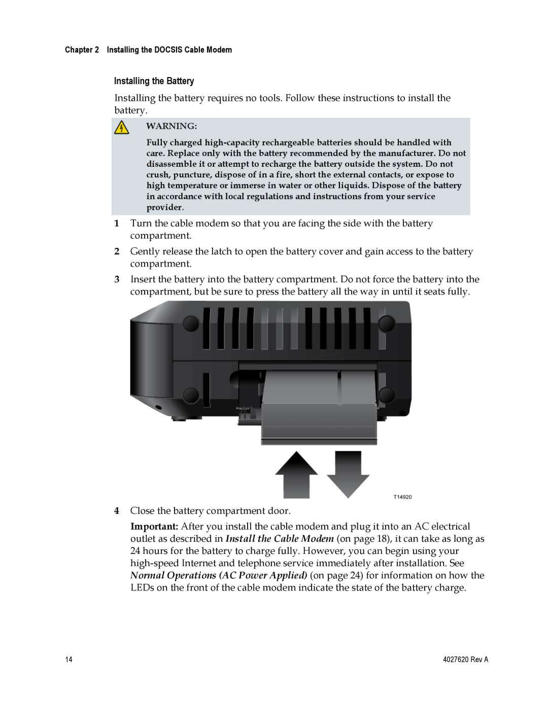 Cisco Systems EPC3208, DPC3208 manual Installing the Battery, Close the battery compartment door 