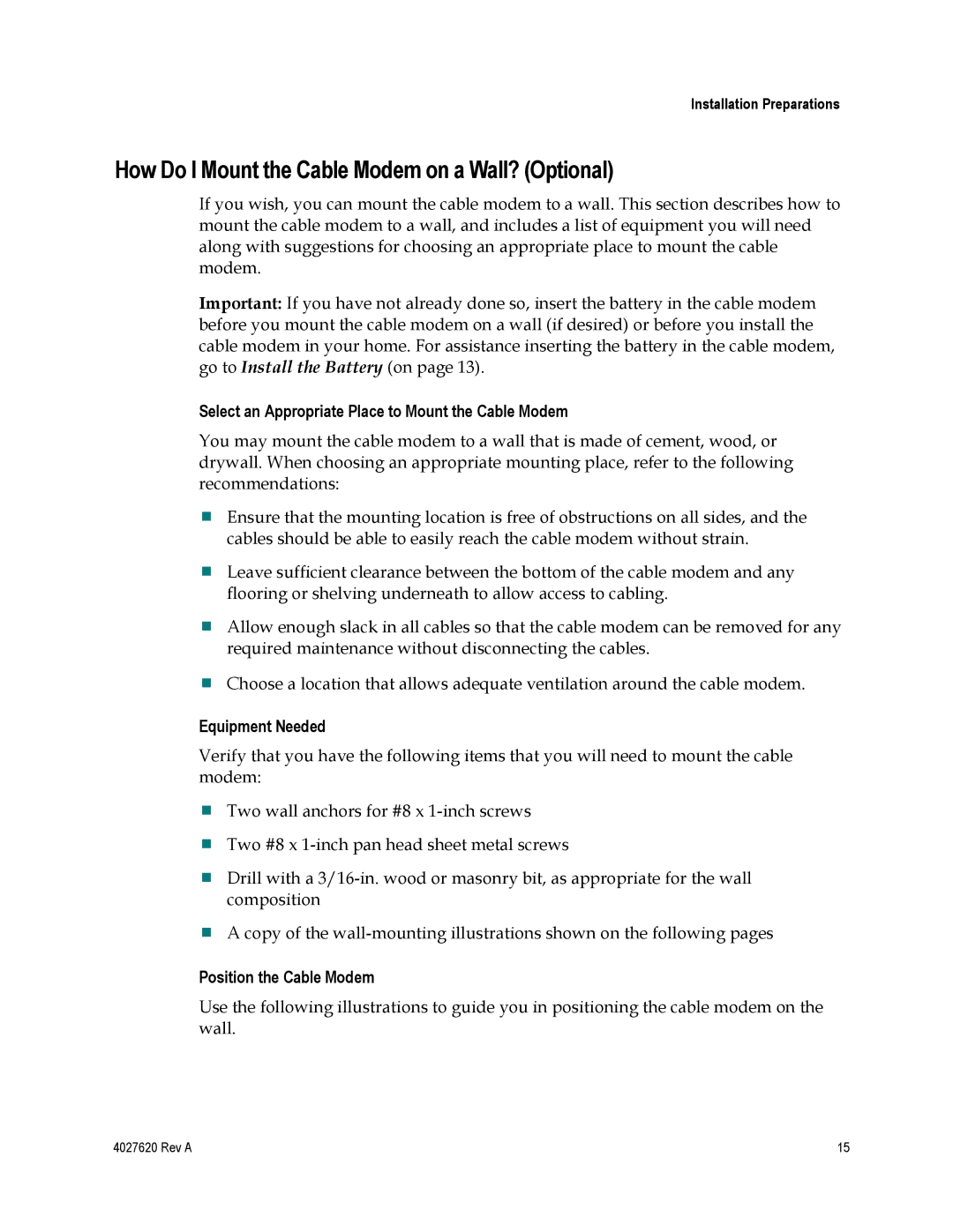 Cisco Systems DPC3208 manual How Do I Mount the Cable Modem on a Wall? Optional, Equipment Needed, Position the Cable Modem 