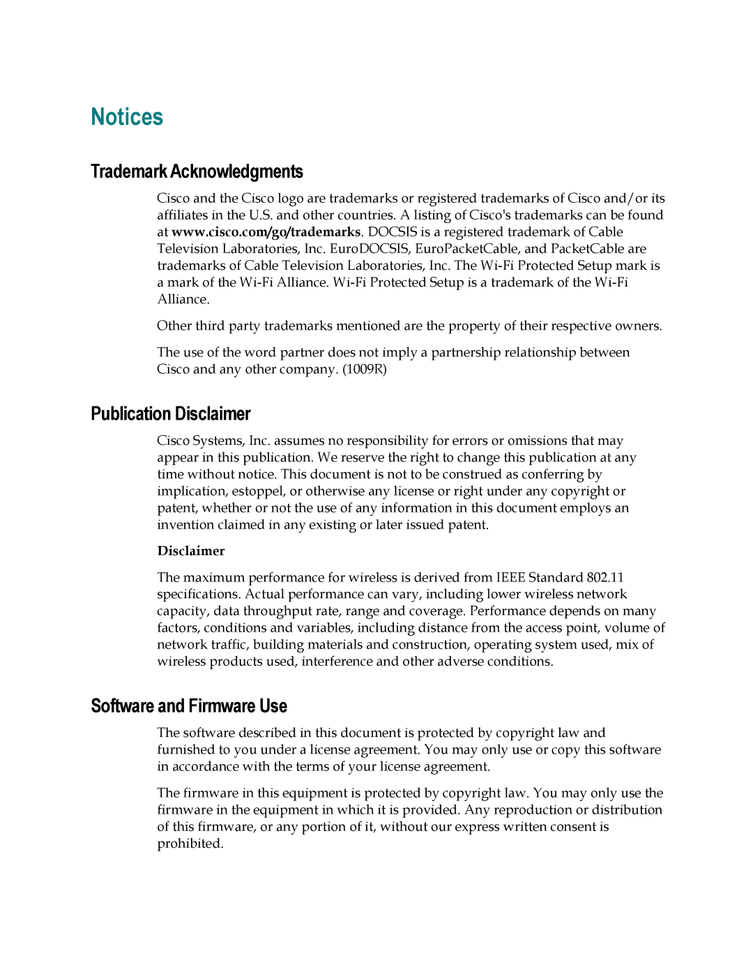 Cisco Systems EPC3208, DPC3208 manual Trademark Acknowledgments, Publication Disclaimer, Software and Firmware Use 